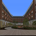 Red Brick Multi Story School Building With Courtyard Green Plants And Students
