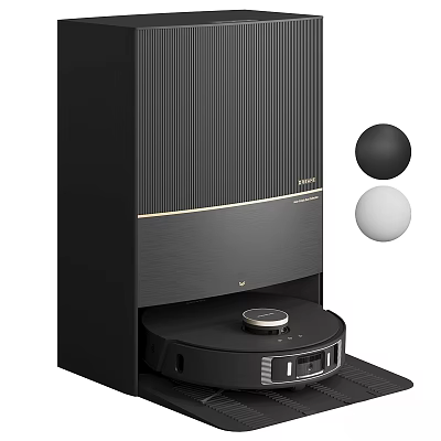 Modern Black Robotic Vacuum Cleaner With Vertical Charging Station And Spherical Parts 3d model