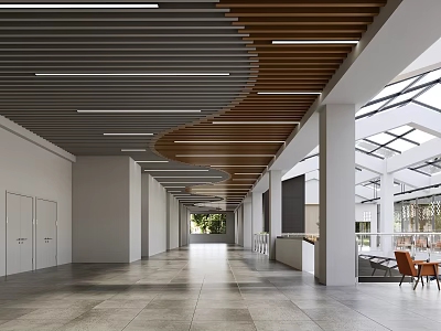 Modern Office Corridor With Wooden Ceiling Glass Skylights Gray Flooring And White Walls 3d model