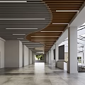 Modern Office Corridor With Wooden Ceiling Glass Skylights Gray Flooring And White Walls