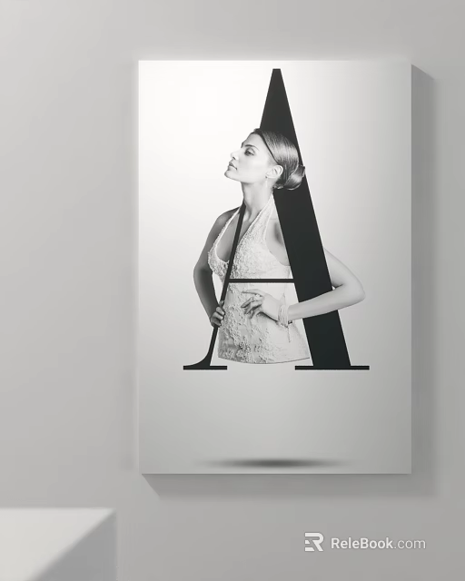 Black and White Portrait Painting Featuring Female Figure in Lace Dress with Large Letter A 3d model 