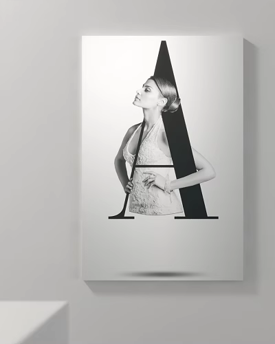 Black and White Portrait Painting Featuring Female Figure in Lace Dress with Large Letter A 3d model