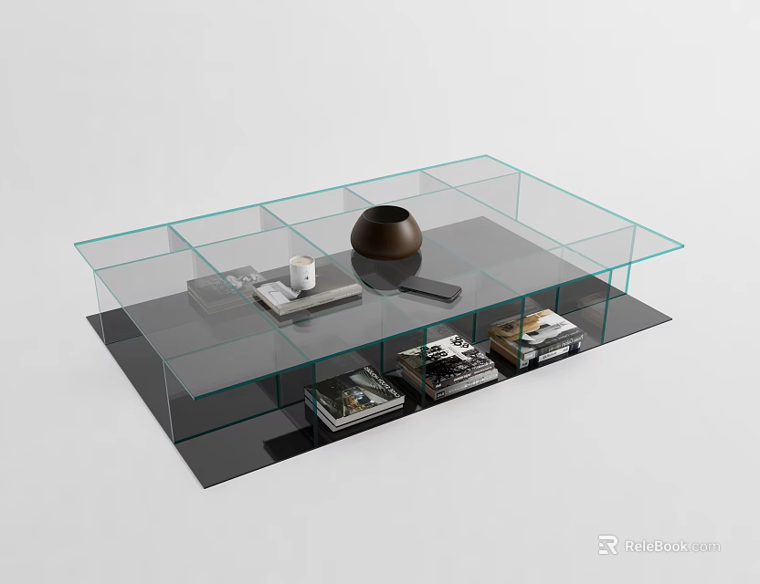Modern Glass Coffee Table with Layered Shelves Decorative Bowl and Magazines 3d model 