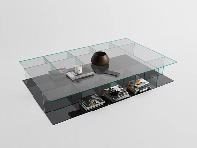 Modern Glass Coffee Table with Layered Shelves Decorative Bowl and Magazines 3d model