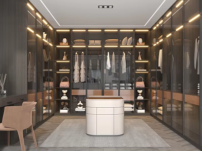 Modern Walk-in Closet Interior With Glass Doors Built-in Wardrobes And Central Storage Island 3d model