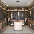 Modern Walk-in Closet Interior With Glass Doors Built-in Wardrobes And Central Storage Island