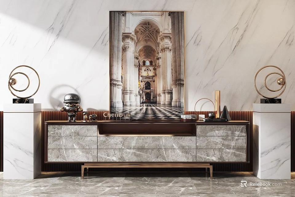 Elegant TV Stand With Marble Top Wall Artwork And Decorative Items 3d model