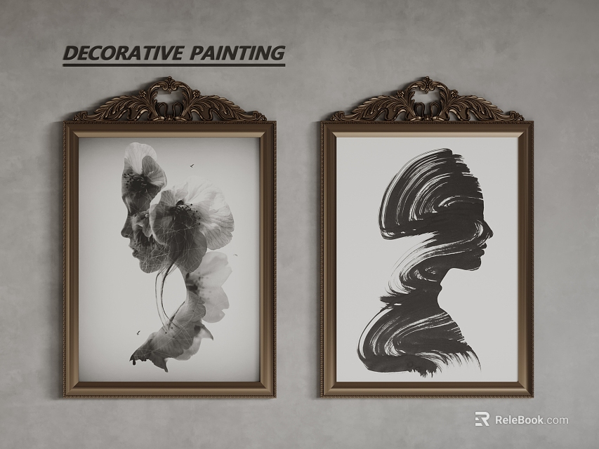 Decorative Black And White Abstract Paintings With Vintage Frames For Wall Decor 3d model 