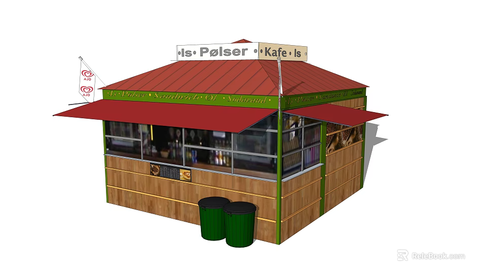 His Polser Kafe Wooden Structure With Red Roof Red Awning And Green Trash Bins 3d model 