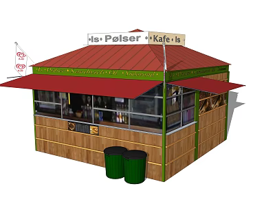 His Polser Kafe Wooden Structure With Red Roof Red Awning And Green Trash Bins 3d model