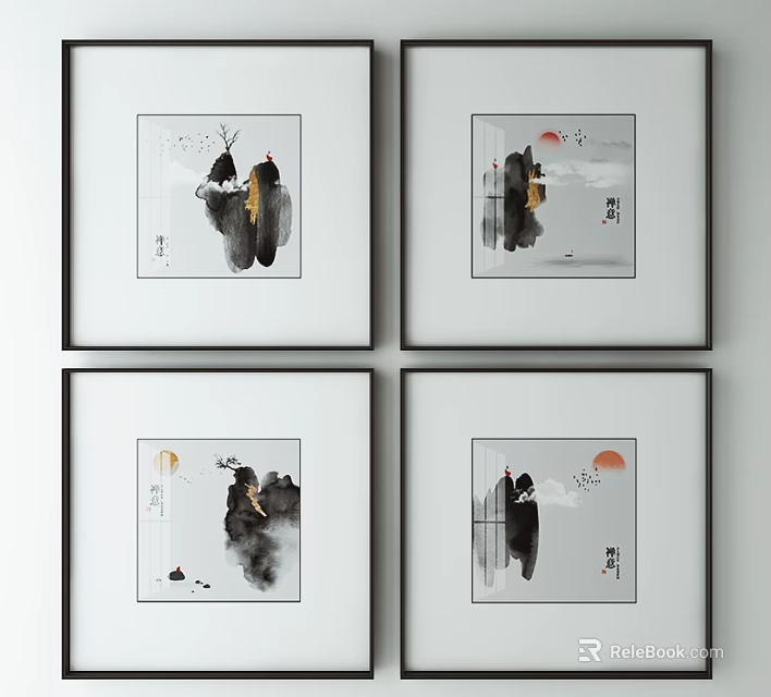 Chinese Ink Painting Wall Art Set With Mountain Moon Sun And Framed Decor 3d model 