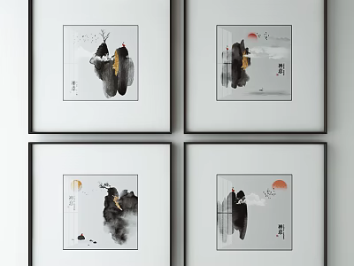 Chinese Ink Painting Wall Art Set With Mountain Moon Sun And Framed Decor 3d model
