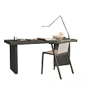 Modern Oak Table and Chair Set with Desk Lamp Notebook and Mug in Minimalist Design