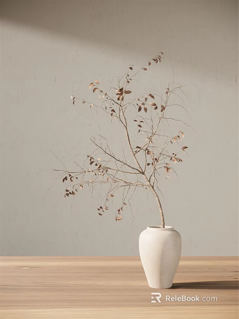 Elegant White Vase Displaying Dried Brown Leaf Branches On Beige Wall 3d model