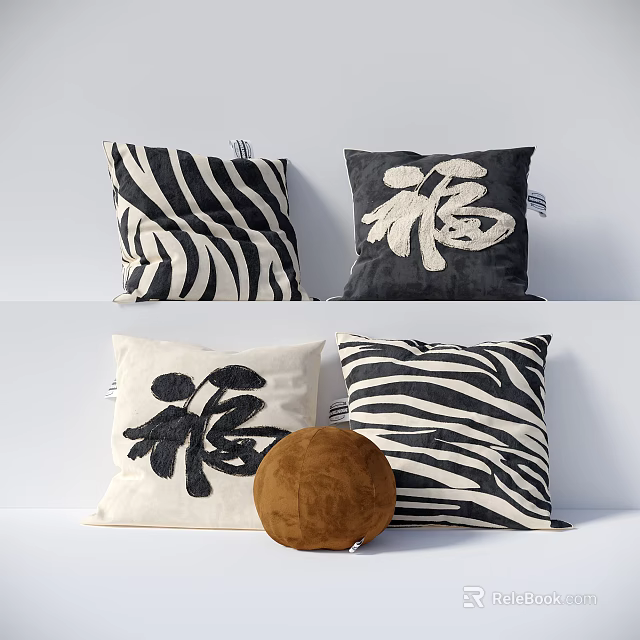 Stylish Pillows With Black And White Stripe And Chinese Character Fu Design For Home Decor 3d model 