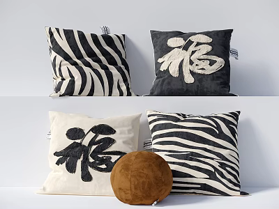 Stylish Pillows With Black And White Stripe And Chinese Character Fu Design For Home Decor 3d model