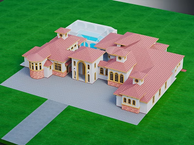 Spacious Residential Villa Featuring Red Roof Tiles White Exterior And Arched Porchway Design 3d model