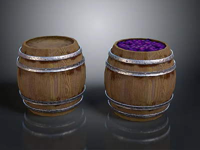 Decorative Wooden Barrel Ornament Set With Two Barrels Silver Metal Hoops And Purple Fillings 3d model
