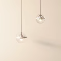 Two Transparent Glass Globe Pendant Lights Hanging With Metal Ring On Light Colored Background