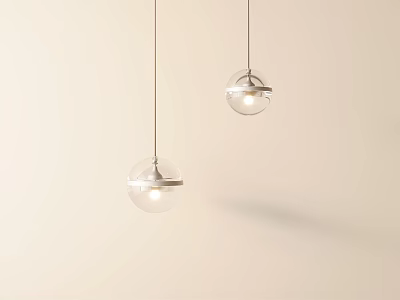 Two Transparent Glass Globe Pendant Lights Hanging With Metal Ring On Light Colored Background 3d model
