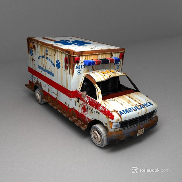 Rusty Old Ambulance With Weathered Body Emergency Lights And Red Stripes 3d model 