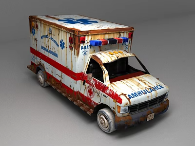 Rusty Old Ambulance With Weathered Body Emergency Lights And Red Stripes 3d model
