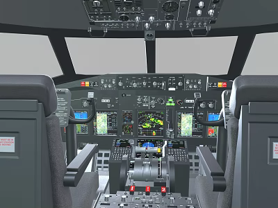 Modern Aircraft Cockpit Interior With Dashboard Controls And Pilot Seats 3d model