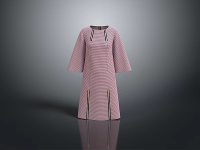Modern Pink Vertical Striped Dress With Loose Three Quarter Sleeves And Black Accent Details 3d model