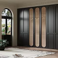 Stylish Room Interior With Black Wardrobe Rattan Panels Arched Windows And Green Plant