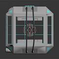 Cartoon Scene of Silver Tech Device with Blue Accents Transparent Grid Windows and Black Cable