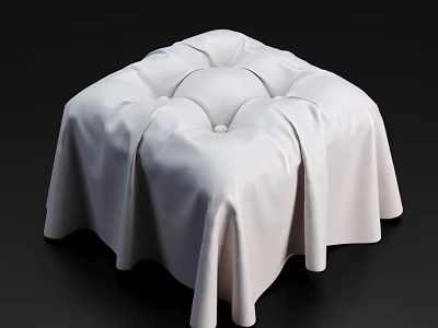 White Fabric Ottoman With Soft Pleated Design And Button Tufted Detail 3d model
