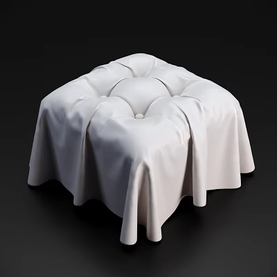 White Fabric Ottoman With Soft Pleated Design And Button Tufted Detail 3d model