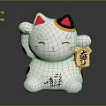 Ceramic White Lucky Cat Decorative Figurine With Black Yellow Ears Raised Paw And Wooden Plaque