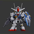 Chibi Style Anime Game Character With Silver Blue Red Armor Holding Weapons And Antenna
