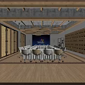 Modern Conference Room Interior With Round Table White Chairs Projection Screen Wooden Ceiling And Pendant Lights