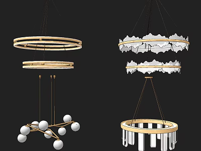 Modern Chandelier Designs With Circular Wooden Rings Spherical Balls And Petal Shapes 3d model