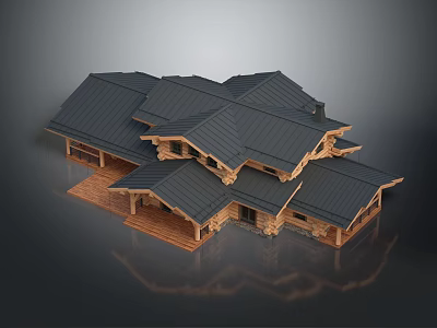 Modern Wooden House Exterior With Dark Roof Multiple Gabled Roofs And Wooden Deck 3d model