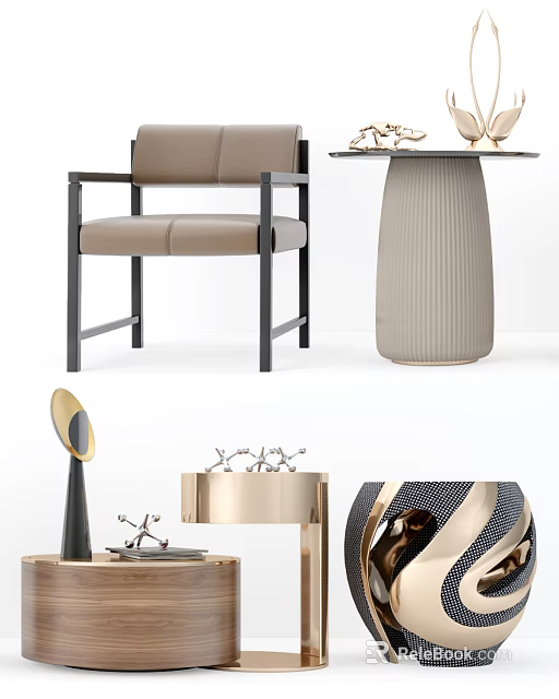 Elegant Modern Side Table With Vertical Stripes And Beige Leather Chair Decorative Ornaments 3d model 