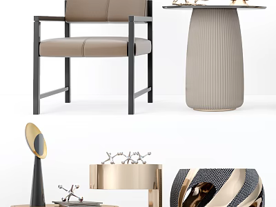 Elegant Modern Side Table With Vertical Stripes And Beige Leather Chair Decorative Ornaments 3d model