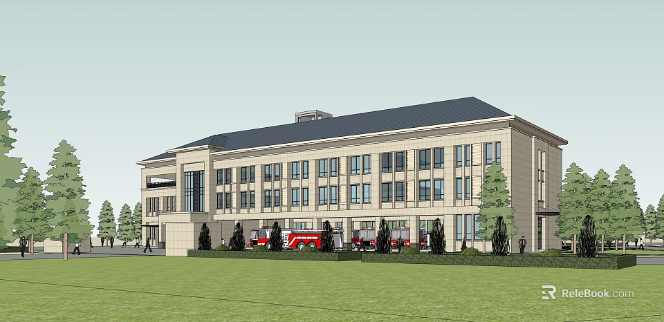 Modern Fire Station Exterior With Red Fire Engines And Green Lawn 3d model 