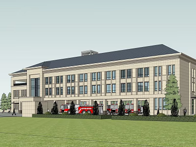 Modern Fire Station Exterior With Red Fire Engines And Green Lawn 3d model