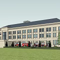 Modern Fire Station Exterior With Red Fire Engines And Green Lawn