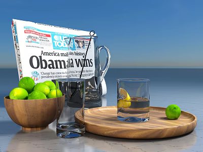 Decorative Ornament Set With Newspaper Glass Pitcher Wooden Bowl Limes Tray And Glass With Lemon 3d model