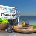 Decorative Ornament Set With Newspaper Glass Pitcher Wooden Bowl Limes Tray And Glass With Lemon