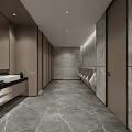 Modern Public Bathroom Interior Design Featuring Gray Stone Walls Stalls Sink Mirror And Cabinetry