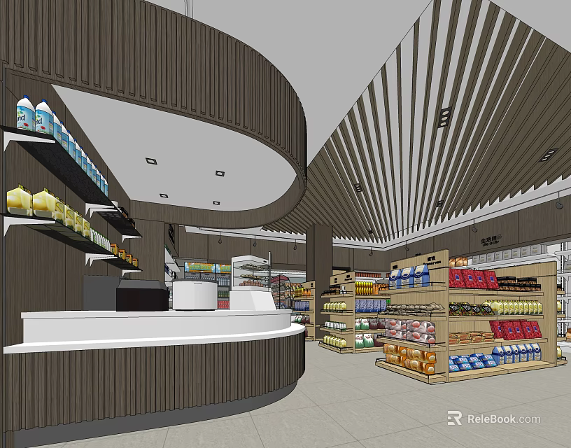 Modern Supermarket Interior With Curved Counter Shelves And Assorted Products 3d model 