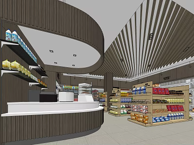 Modern Supermarket Interior With Curved Counter Shelves And Assorted Products 3d model