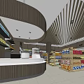 Modern Supermarket Interior With Curved Counter Shelves And Assorted Products