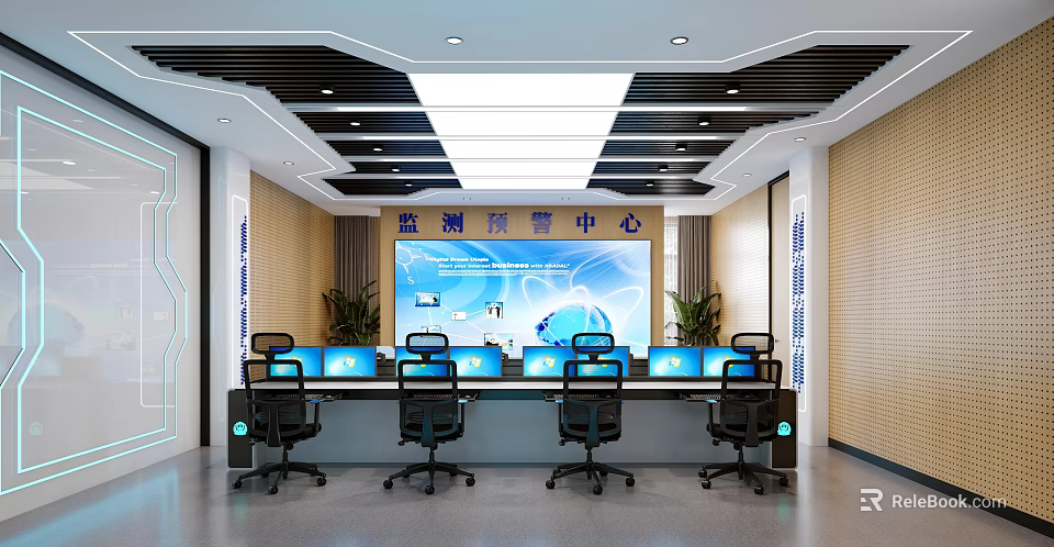 High Tech Modern Monitoring Early Warning Center Office With Large LED Screen And Multiple Workstations 3d model 