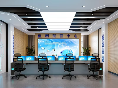 High Tech Modern Monitoring Early Warning Center Office With Large LED Screen And Multiple Workstations 3d model